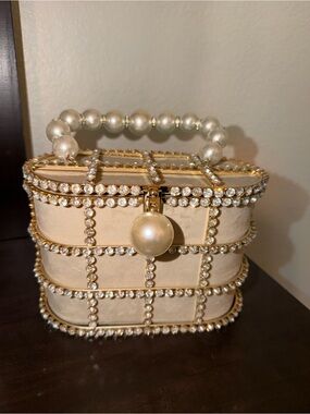 Pearl-Embellished Cream Box Clutch with Crystal Grid